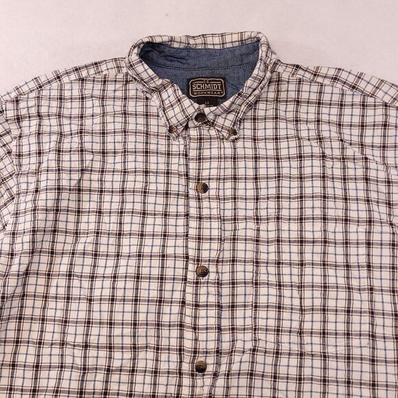 CE Schmidt Tartan Flannel Casual Button Up Shirt Mens Size L White Brown - Picture 1 of 10